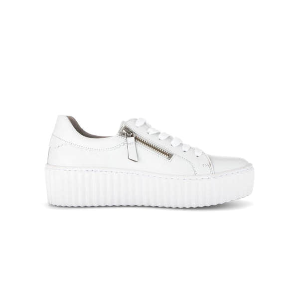 Gabor Dolly Ladies White Leather Trainers with Zip and Lace-Up, Platform Sole, Stylish and comfortable footwear.
