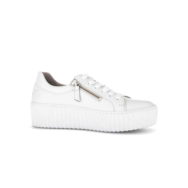 Gabor Dolly Ladies white leather platform trainers with zip and lace-up front, chunky sole, stylish and comfortable footwear.