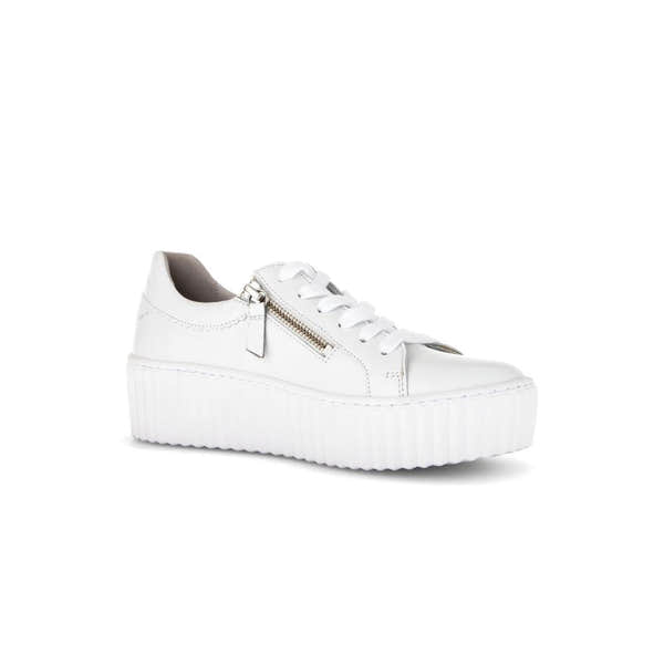 Gabor 63.200.21 Dolly Ladies white leather platform trainers with zip and lace-up closure.