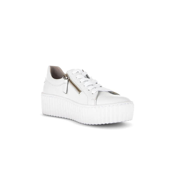 Gabor Dolly Ladies white leather platform trainers with lace-up and side zipper details.