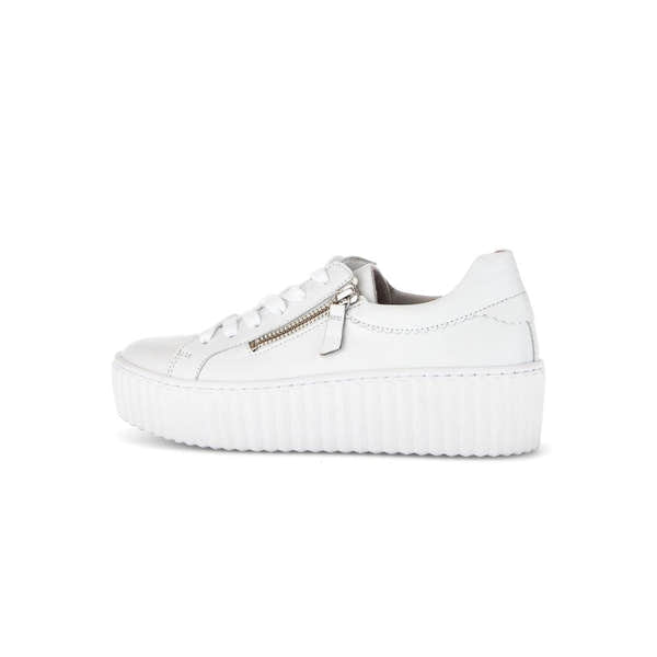Gabor Dolly Ladies White Leather Trainers with Zipper and Lace-Up Design, Platform Sole.