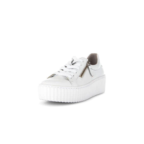 Gabor Dolly Ladies White Leather Trainers with Zip and Lace-Up Closure, Platform Sole.