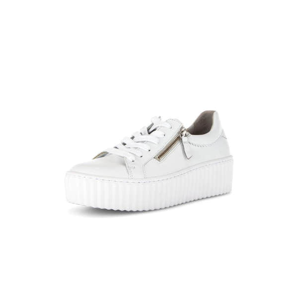 Gabor Dolly Ladies White Leather Platform Trainers with Zip & Lace-Up Closure, chunky sole.