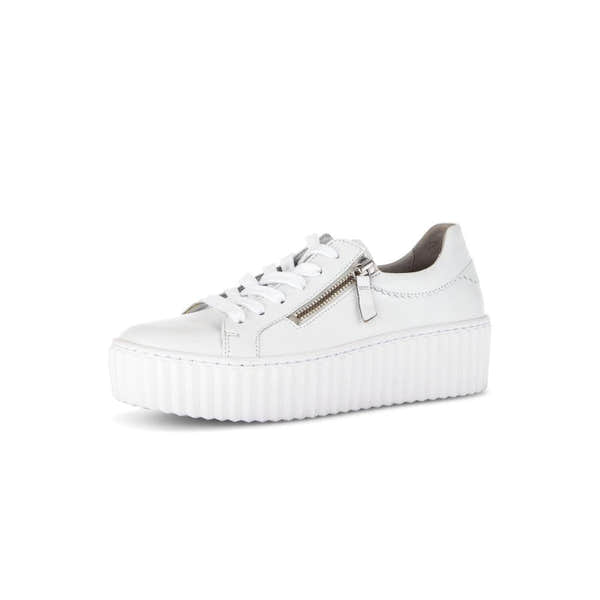 Gabor Dolly Ladies white leather platform trainers with lace-up and side zipper for women.