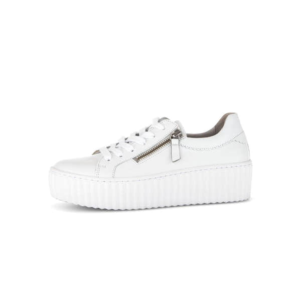Gabor Dolly Ladies white leather platform trainers with zip and lace-up details, chunky sole, stylish and comfortable footwear.