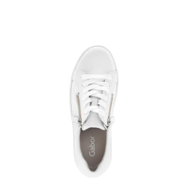 White leather Gabor Dolly Ladies trainers with front laces, side zippers, and a padded collar.