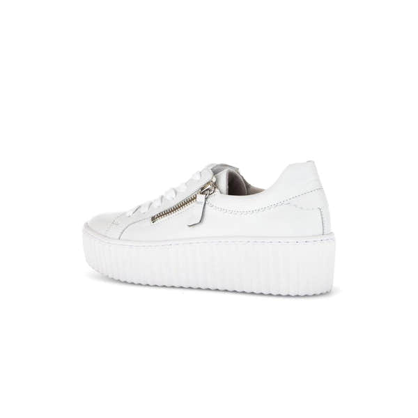 Gabor Dolly Ladies White Leather Trainers with Zip and Lace-Up, Thick Platform Sole, Stylish and Casual Footwear.