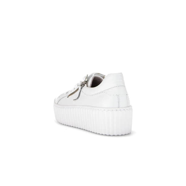 Gabor Dolly Ladies white leather zip and lace-up platform trainers with chunky sole.
