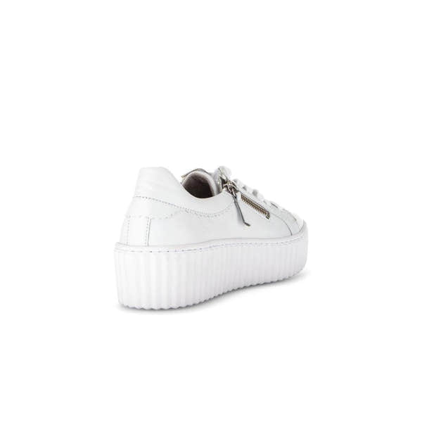 Gabor Dolly Ladies white leather platform trainers with zip and lace-up details.