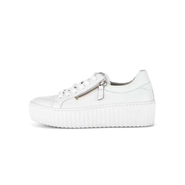 Gabor Dolly Ladies white leather trainers with zip and lace-up design, chunky platform sole.