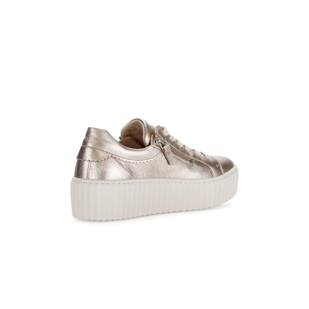 Gabor Dolly Ladies Gold Metallic Leather Platform Trainers with Zip and Laces, chunky white sole.