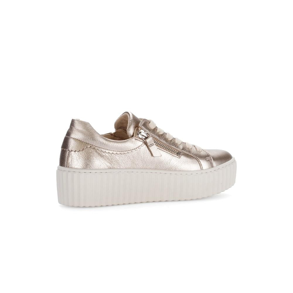 Gabor Dolly Ladies Gold Metallic Leather Platform Trainers with Zip and Lace-Up Closure.