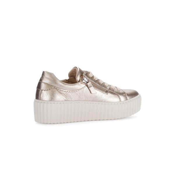 Gabor Dolly Ladies Gold Metallic Leather Platform Trainers with Zip and Lace-Up Closure.