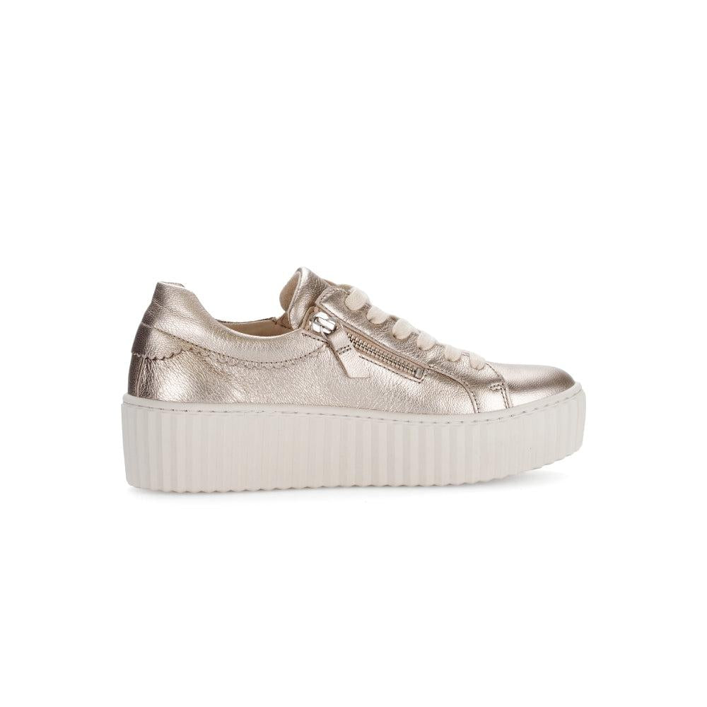 Gabor Dolly Ladies Gold Metallic Leather Platform Trainers with Zip and Lace-Up Closure