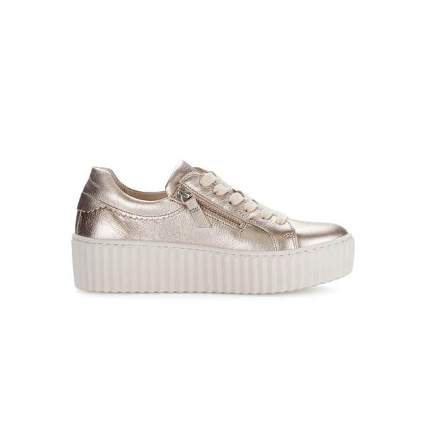 Gabor Dolly Ladies gold metallic leather trainers with zip and lace-up, chunky white platform sole.