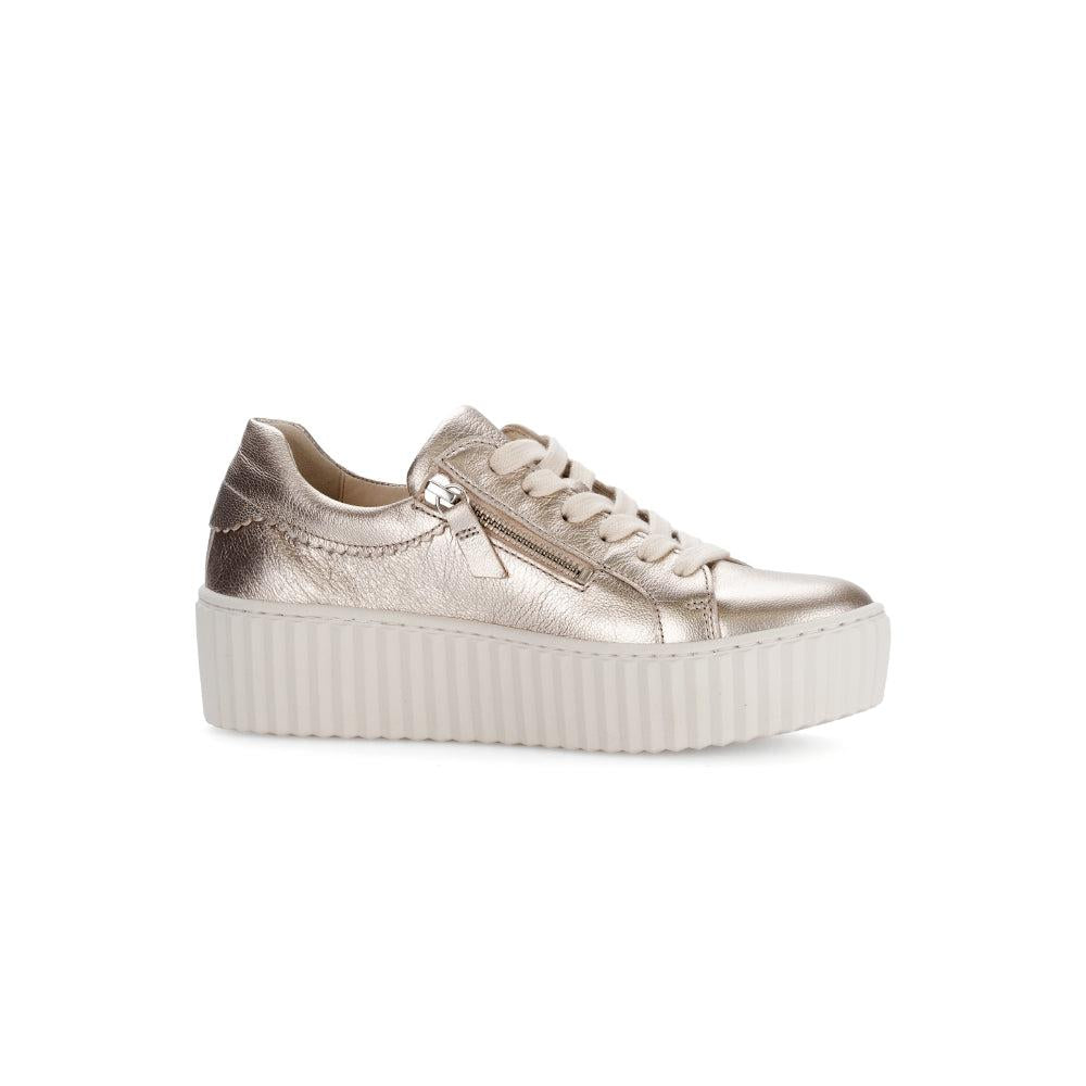 Gabor Dolly Ladies gold metallic leather platform trainers with zip and lace-up front, chunky white sole.
