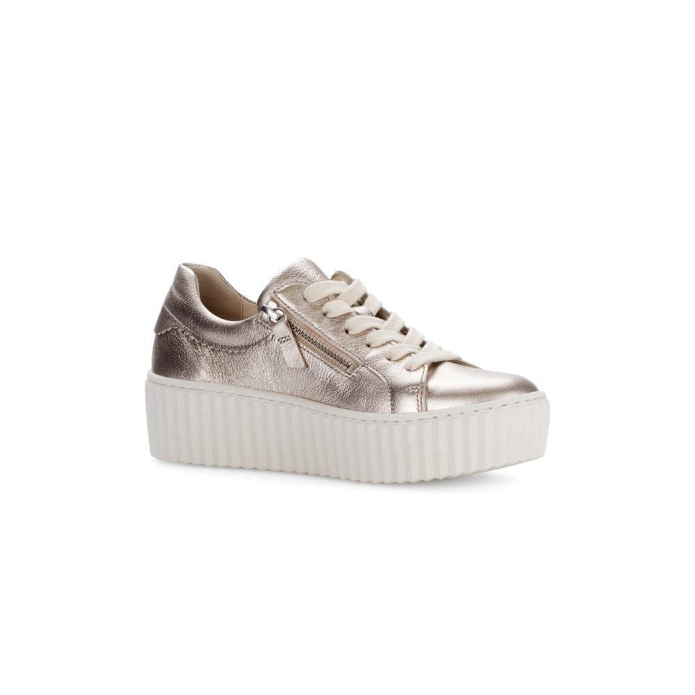 Gabor Dolly Ladies gold metallic leather platform trainers with zip and lace-up front, chunky white sole.