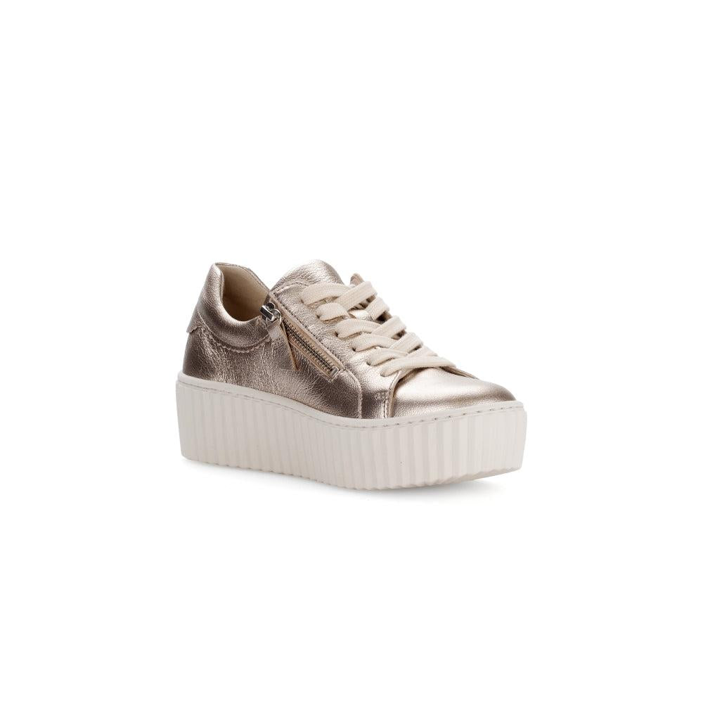 Gabor Dolly Ladies gold metallic leather platform trainers with zip and lace-up closure, chunky white sole.