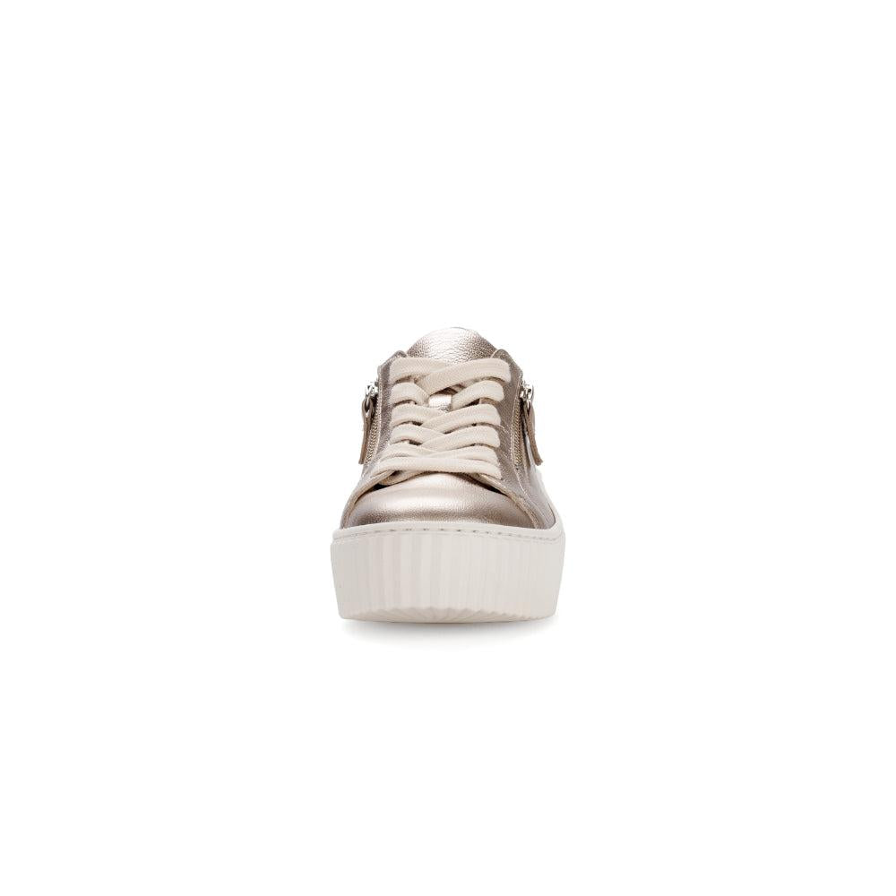 Gabor Dolly Ladies Gold Metallic Leather Platform Trainers with Zip and Lace-Up Front.