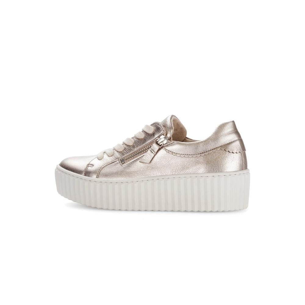 Gabor Dolly Ladies Gold Metallic Leather Sneakers with Zip and Lace-Up Closure, Platform Sole.