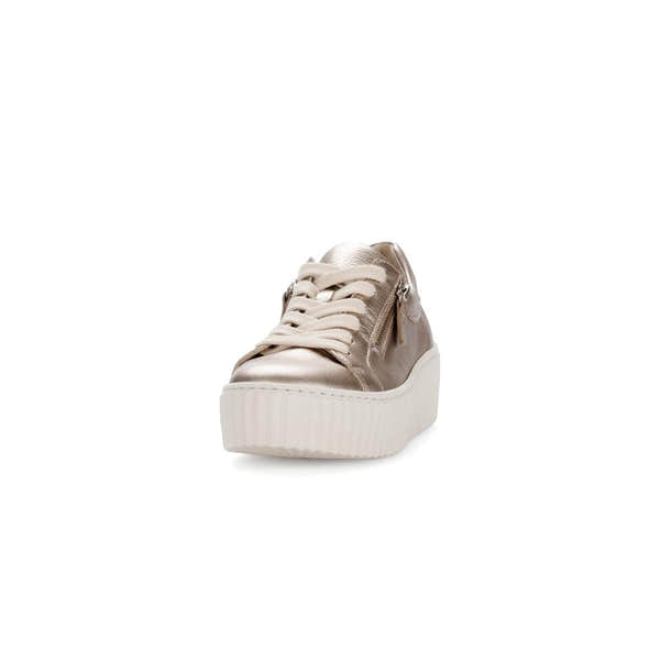 Gabor Dolly Ladies Gold Metallic Leather Platform Sneakers with Lace-Up and Zip Closure.
