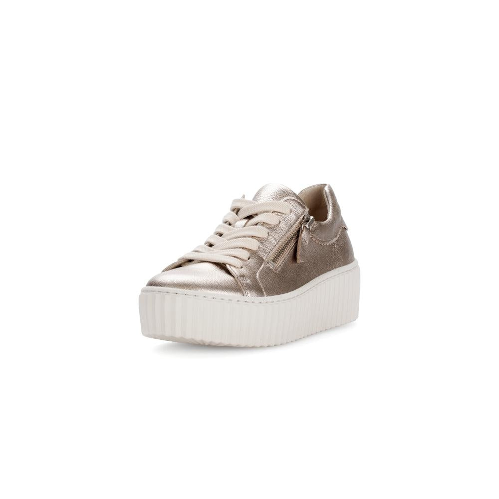 Gabor 63.200.62 Dolly Ladies gold metallic leather platform trainers with zip and lace-up closure.