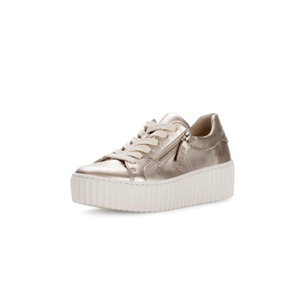 Gabor Dolly Ladies Gold Metallic Leather Sneakers with Zip and Lace-Up Design, Platform Sole, stylish and trendy footwear.