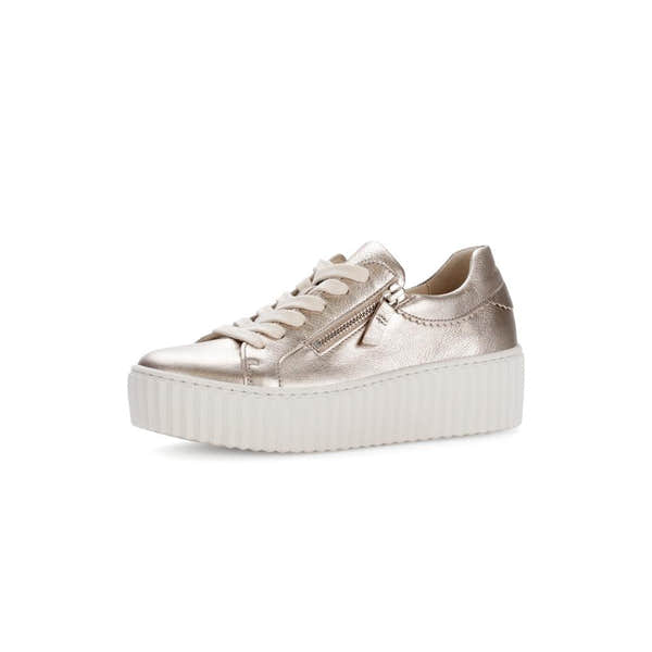 Gabor Dolly Ladies Gold Metallic Leather Trainers with Zip, Lace-Up, and Chunky Platform Sole.