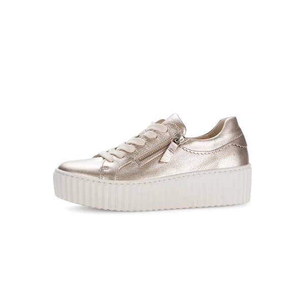 Gabor Dolly Ladies Gold Metallic Leather Sneakers with Zip and Lace-Up, Platform Sole.