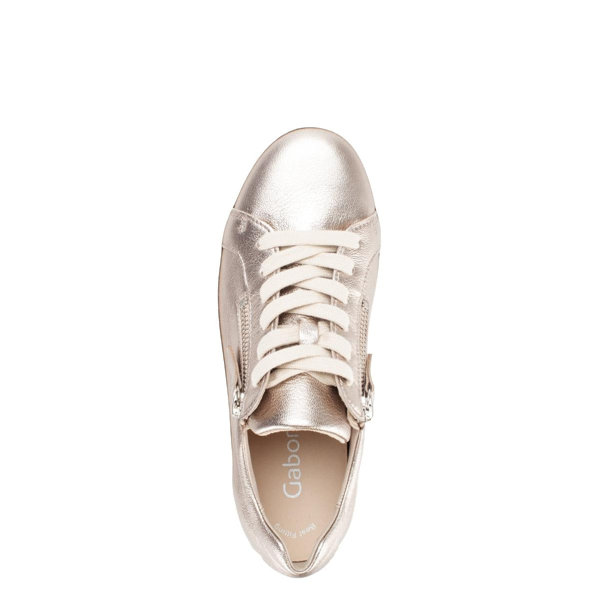 Gabor Dolly Ladies Gold Metallic Leather Trainers with Zip and Lace-Up Design, stylish sneaker with metallic finish and comfortable fit.
