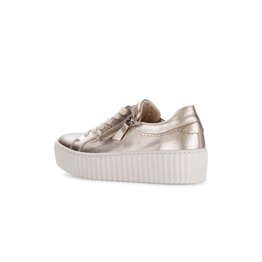 Gabor Dolly Ladies Gold Metallic Leather Platform Trainers with Zip and Lace-Up Closure