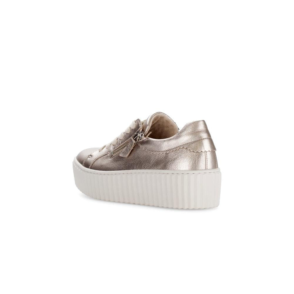 Gabor Dolly Ladies Gold Metallic Leather Trainers with Zip and Lace-Up Detail, Platform Sole, stylish and trendy footwear.