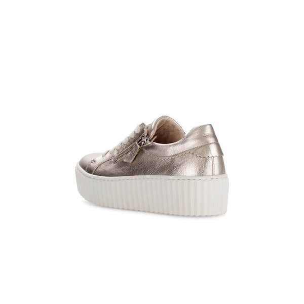 Gabor Dolly Ladies Gold Metallic Leather Trainers with Zip and Lace-Up Detail, Platform Sole, stylish and trendy footwear.