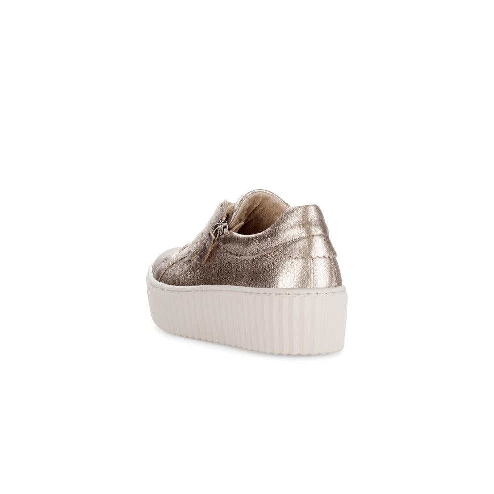Gabor Dolly Ladies Gold Metallic Leather Trainers with Zip and Lace-Up Closure, chunky white platform sole.