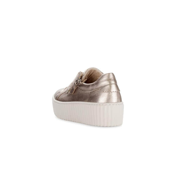 Gabor Dolly Ladies Gold Metallic Leather Trainers with Zip and Lace-Up Closure, chunky white platform sole.