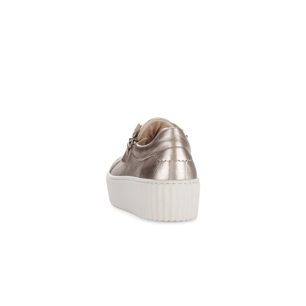 Gabor Dolly Ladies gold metallic leather trainers with zip and lace-up design, white platform sole.