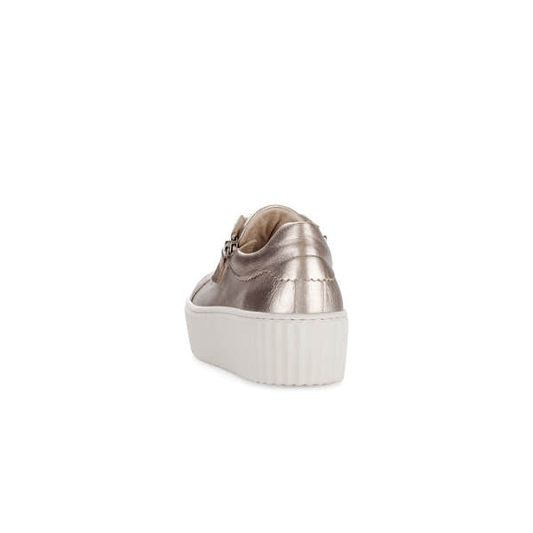 Gabor Dolly Ladies gold metallic leather trainers with zip and lace-up design, white platform sole.