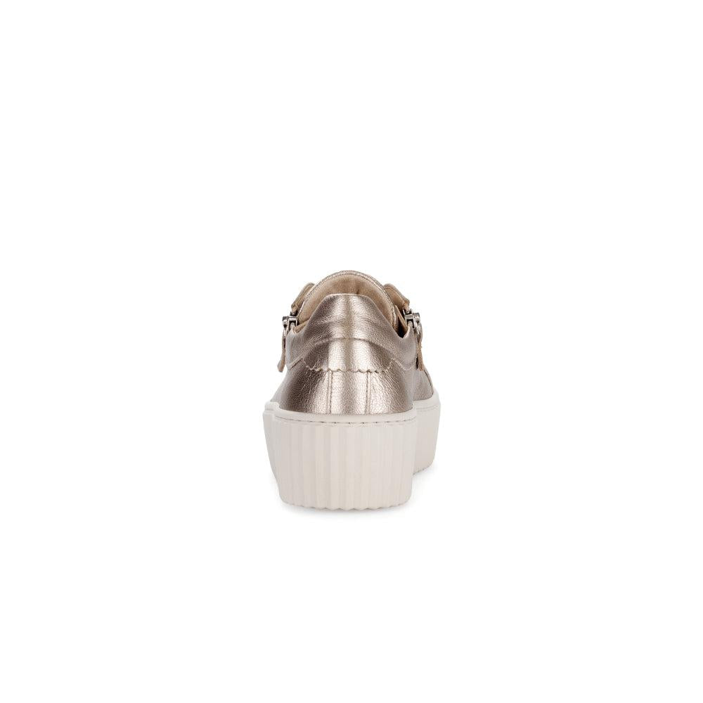 Gabor Dolly Ladies gold metallic leather trainer with zip and lace-up design, chunky white platform sole.