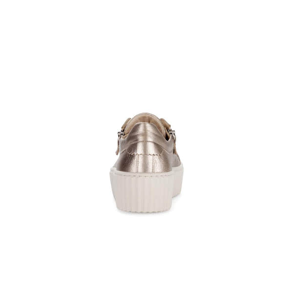 Gabor Dolly Ladies gold metallic leather trainer with zip and lace-up design, chunky white platform sole.