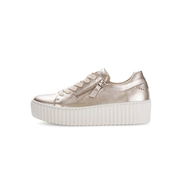 Gabor Dolly Ladies gold metallic leather sneakers with lace-up and side zipper, chunky white platform sole.
