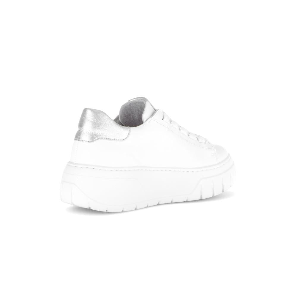 Gabor Rios Ladies White Leather Lace-Up Trainers with Silver Accent, chunky sole, stylish casual footwear.