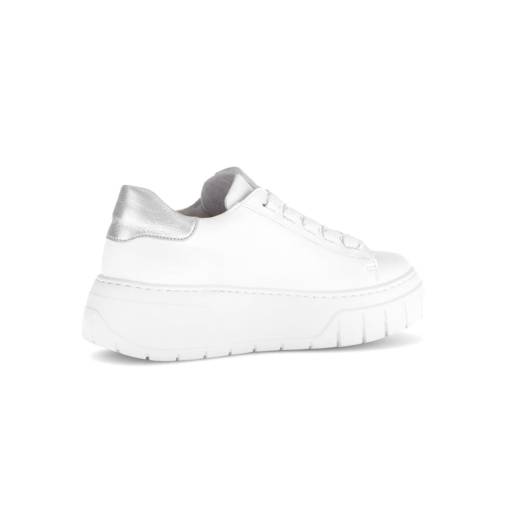 Gabor Rios Women's White Leather Lace-Up Sneakers with Silver Heel Detail and Thick Platform Sole