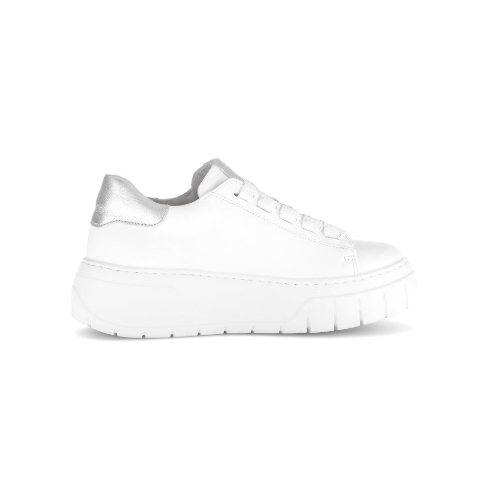 Gabor Rios Ladies White Leather Lace-Up Trainers with Silver Heel Detail, chunky sole, stylish and comfortable sneakers.