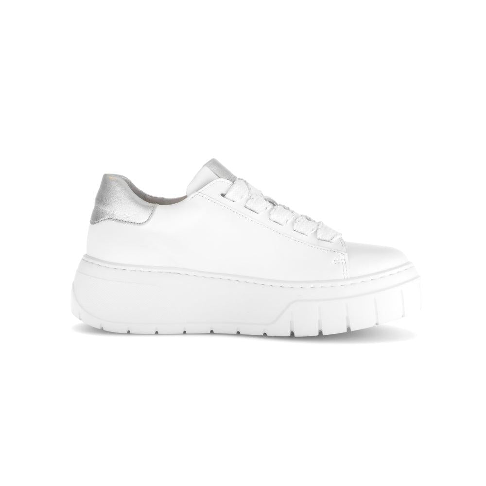 Gabor Rios women's white leather lace-up trainers with chunky sole and silver accents, stylish casual footwear.