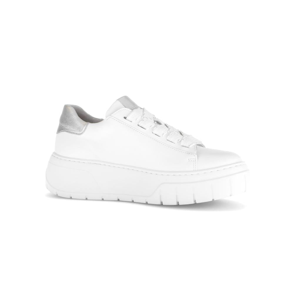 Gabor Rios Ladies White Leather Lace-Up Trainers with chunky sole and metallic silver heel detail.
