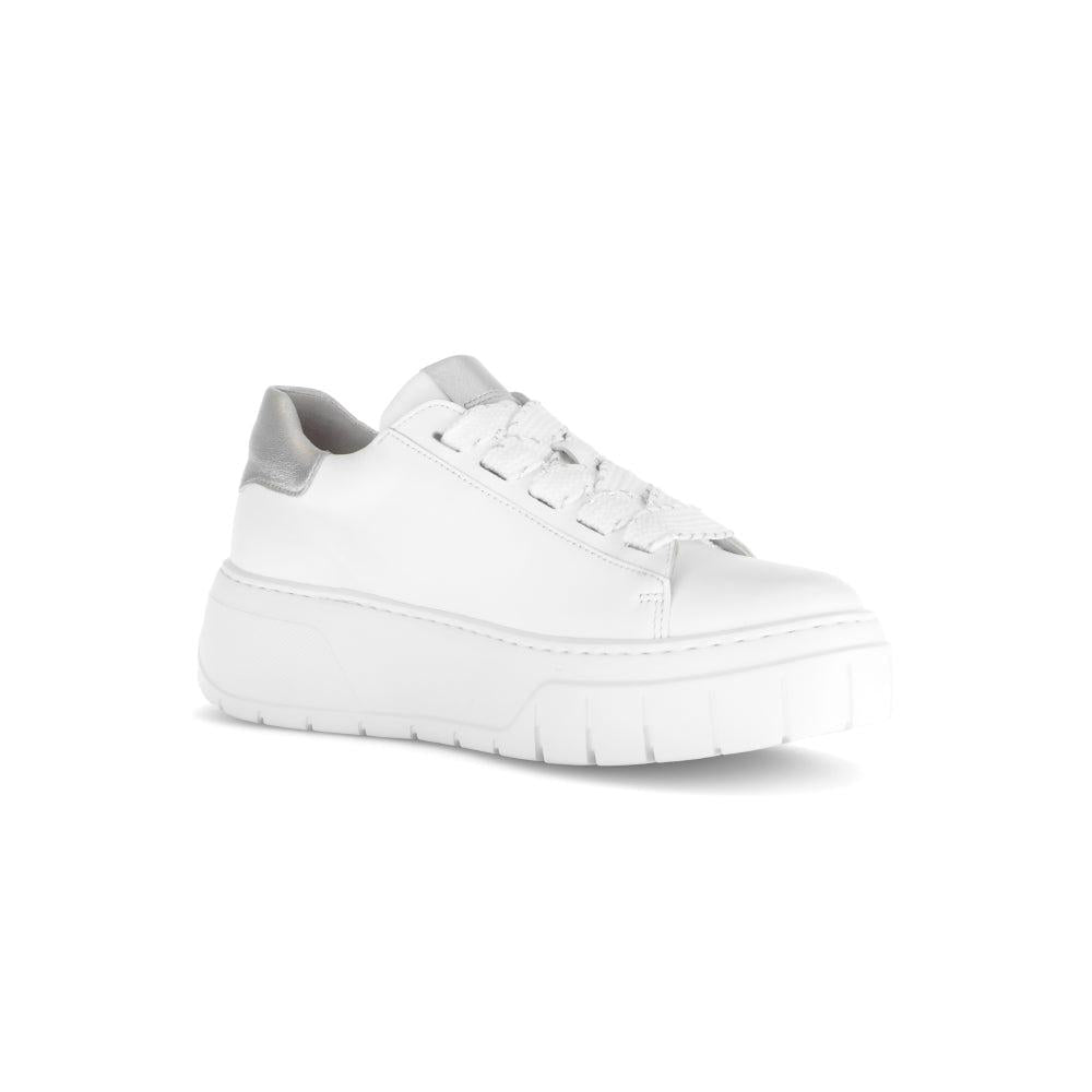 Gabor Rios Ladies White Leather Lace-Up Sneakers with Chunky Sole and Gray Heel Detail