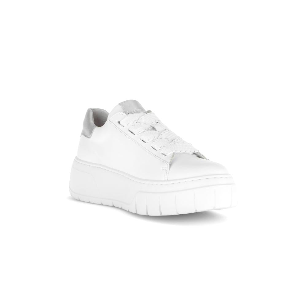 Gabor Rios Ladies White Leather Lace-Up Trainers with chunky sole and grey accents.