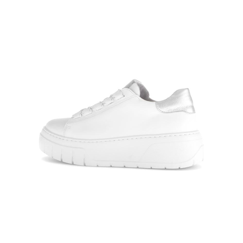 Gabor Rios Women's White Leather Lace-Up Trainers with chunky sole and metallic silver heel detail.