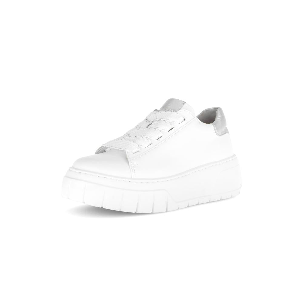 Gabor Rios Women's White Leather Lace-Up Trainers with chunky sole and gray heel detail.