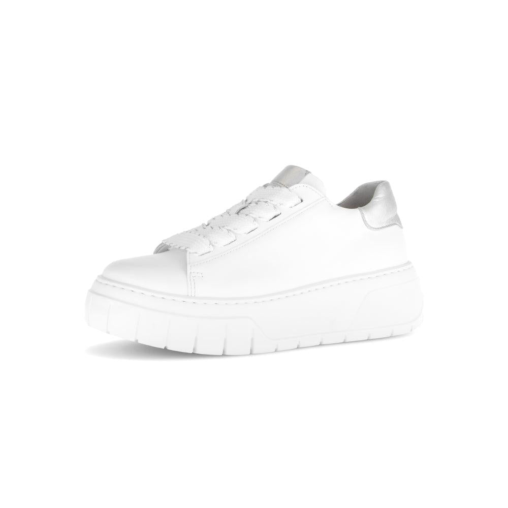 Gabor Rios women's white leather lace-up trainers with chunky sole and metallic accent detail.